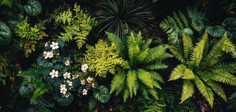 Verdant array of green ferns and small white flowers displayed in a dense, naturally-lit and pleasing top-down composition