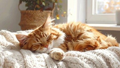 Obraz premium Ginger Cat Sleeping Peacefully on White Knitted Blanket Bathed in Sunlight near Window with Plants and Candle in Background