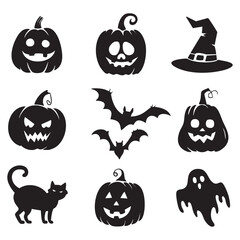 Halloween pumpkins bats cat ghost witch hat spooky october silhouettes