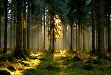 Fototapeta premium Sunlight streams through a dense forest, illuminating moss-covered ground and tall trees reaching towards the sky. Verdant undergrowth adds depth