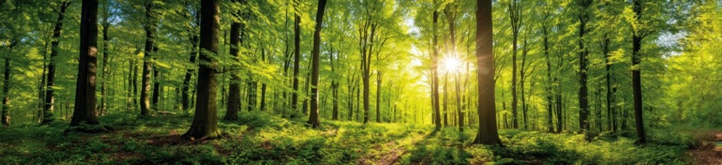 Naklejka premium Sun shines through tall trees in a lush, vibrant forest. The ground is covered in green foliage, creating a serene and natural atmosphere