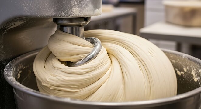 Dough being kneaded in a large industrial mixer for baking bread or pastries.