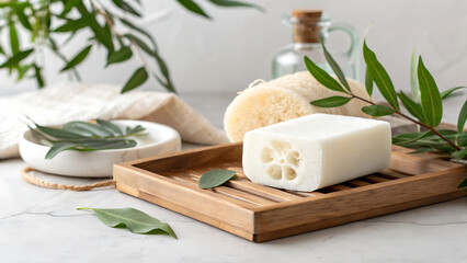 Natural handmade soap bar with fresh green herbs and olive oil for organic skincare