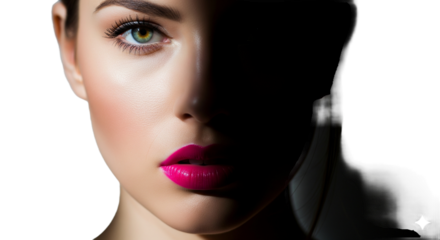 Beautiful model with bright pink lips and face half covered in shadow 