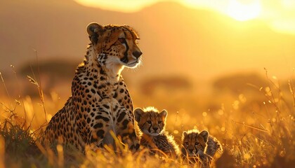 Obraz premium A beautiful cheetah mother and her two cubs bask in the warm golden light of sunrise, captured in a serene African savanna setting.