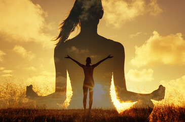 Meditation and Empowerment Double Exposure at Sunset, Woman meditating overlaid with a happy joyful...