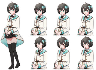 アイドル衣装を着た臆病そうな黒髪の女の子の表情セット
