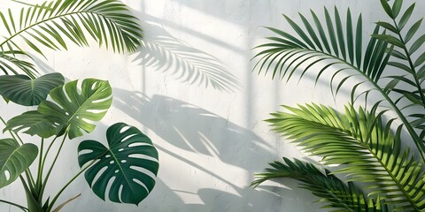 Lush green tropical plant leaves casting soft shadows on a white wall