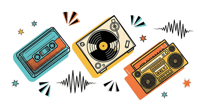 Vibrant pop art retro music collection teal cassette yellow turntable and orange boombox illustration.