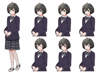制服を着た臆病そうな黒髪の女の子の表情セット

