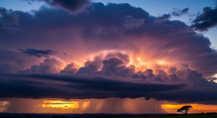 Dramatic sunset with rain over the African savanna.