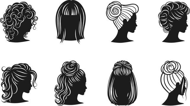 Black silhouette vector illustration of eight women’s hairstyles, including curly, straight, buns, and updos, showcasing diverse hair textures and styling techniques