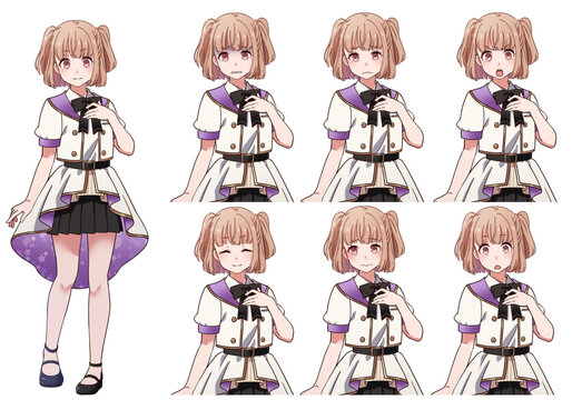 アイドル衣装を着たかわいいハーフツインテールの女の子の表情セット
