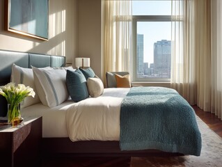 Modern, luxurious bedroom with city view