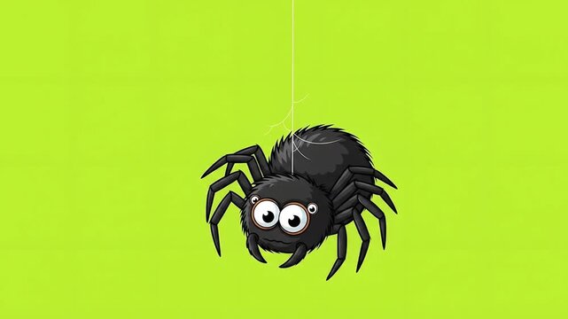 Cute cartoon spider hanging from web on green background