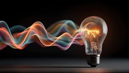 Lightbulb, lit, with energy trails emanating, dark background