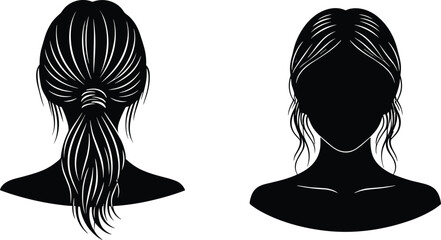 Black silhouette vector illustration of two women’s hairstyles in front and back views, featuring low ponytail and loose wavy long hair