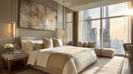 Luxurious hotel bedroom with city view