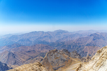 The scenic view of Reşko summit in the Sat (Cilo) mountains, Serpel and Horgedim plateau with its glaciers and glacier rivers in Hakkari, Turkey.