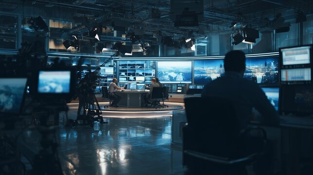 Television newsroom with journalists camera operators and production crew managing live broadcast with studio cameras large screens and graphics in professional modern studio