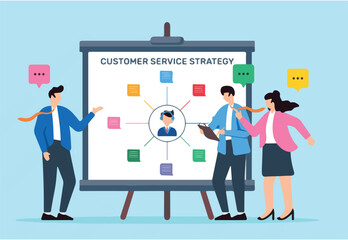 Vector illustration of employees coordinating customer service strategy with sticky notes on whiteboard