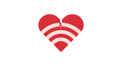 Red heart with Wi-Fi signal lines and crack, symbolizing broken digital connection or emotional disconnection in modern relationships