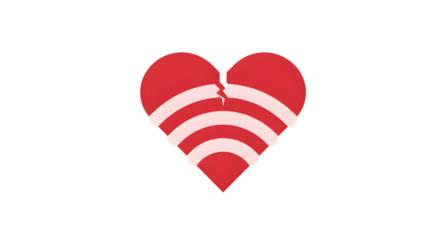 Red heart with Wi-Fi signal lines and crack, symbolizing broken digital connection or emotional disconnection in modern relationships
