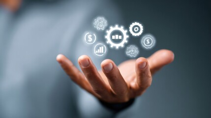 Businessman managing digital marketing strategy with financial chart gears