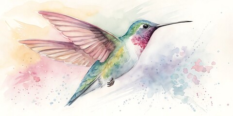Watercolor painting of a hummingbird in flight with colorful abstract splashes in the background, artistic representation.