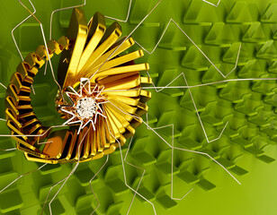 Futuristic 3D abstract design with a golden spiral structure resembling a nautilus shell