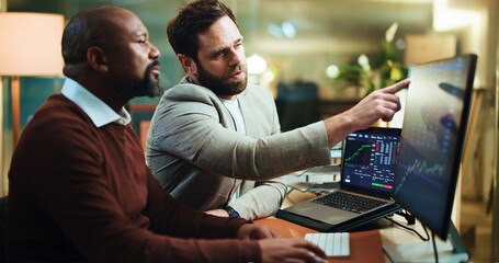 Pointing, stock market and computer screen with business people in office for trading, night and graph. Broker, partnership and investment chart with employees for account growth and overtime