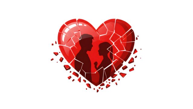 Broken red heart with silhouettes of a couple inside, symbolizing heartbreak and emotional separation, isolated vector illustration on white background
