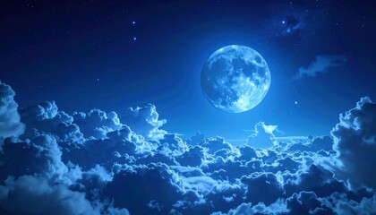 A luminous, full moon hangs brightly above a soft, textured cloudscape beneath a dark blue night sky dotted with tiny stars