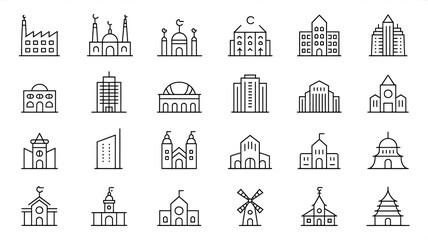 Minimalist building line icon set with editable strokes, showcasing factories, mosques, apartments, stadiums, skyscrapers, museums, schools, churches, mills, windmills, and pagodas.