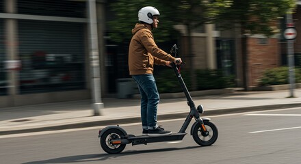 Man riding electric scooter wearing helmet brown jacket blue jeans on city street with buildings and trees in the background during daytime