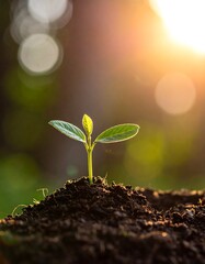 Fototapeta premium Young sprout emerging from soil, bathed in sunlight