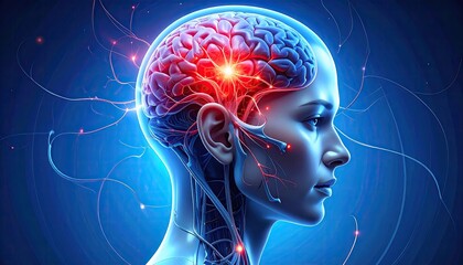 Glowing Human Brain Model with Neural Connections and Female Silhouette Profile in Deep Blue and Red Hues Medical Visualization