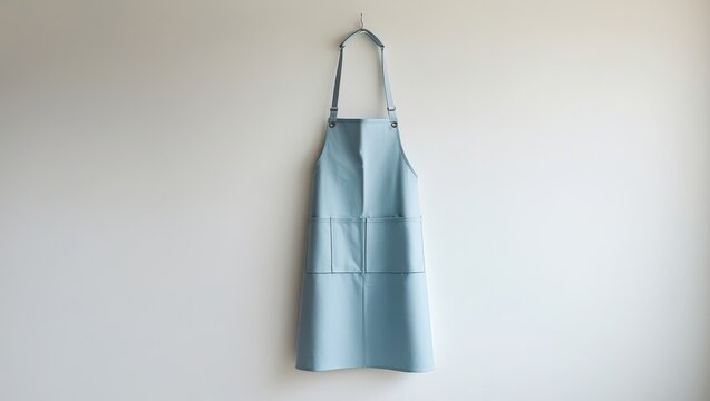 A light baby blue apron hangs from a wall hook, showcasing simple lines and practical pockets. - Powered by Adobe