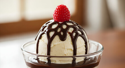 Delicious vanilla ice cream sundae topped with chocolate drizzle and raspberry