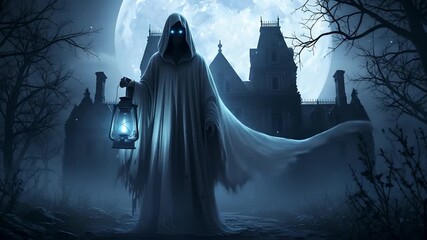 Ghost with lantern in front of haunted house. spooky Halloween scene, paranormal, gothic, dark fantasy concepts. For horror movie trailers, scary event promotions, ghost tours.