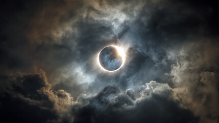 A dramatic solar eclipse surrounded by dark, swirling clouds, showcasing a stunning contrast between light and shadow in the sky.