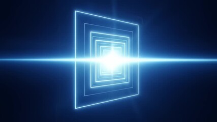 Abstract representation of glowing blue light beams emerging from layered geometric shapes in a dark space - Powered by Adobe