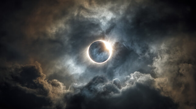 A dramatic solar eclipse surrounded by dark, swirling clouds, showcasing a stunning contrast between light and shadow in the sky.