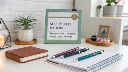 Peaceful Desk Scene with Framed Self-Respect Quote and Journals