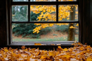 Autumnal view through a window, filled with fallen golden leaves