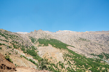 The scenic view of Reşko summit in the Sat (Cilo) mountains, Serpel and Horgedim plateau with its glaciers and glacier rivers in Hakkari, Turkey.