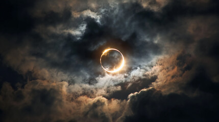 A dramatic view of a solar eclipse, where the sun is partially obscured by dark clouds, creating a mystical halo effect.