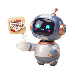 3d illustration of cute robot holding coffee cup celebrating international coffee day isolated isolated on transparent background