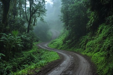 Fototapeta premium A winding dirt road meanders through a lush, misty rainforest