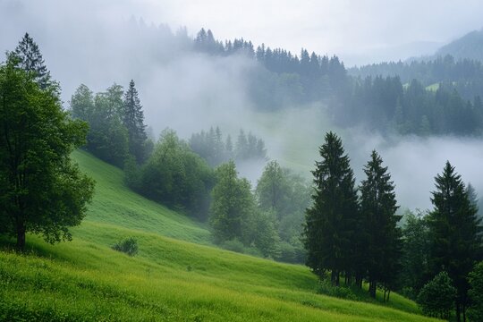 Misty mountain meadow. Lush green hills slope gently upward, blanketed by a soft, hazy mist, through which dark forest peaks emerge